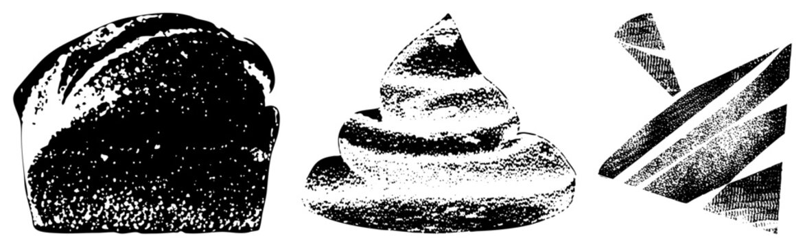 Stippled graphic set featuring bread slice, feces symbol, angular slashes also called dot matrix illustrations, screen print style, retro print graphics, halftone glyphs.
