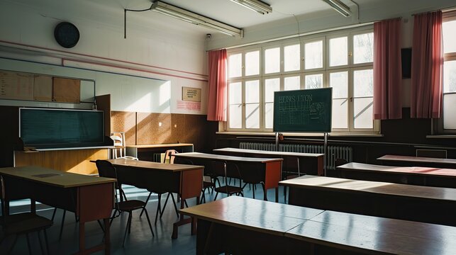 An empty vintage classroom features wooden desks arranged in neat rows, a green chalkboard at the front, and tall windows with burgundy curtains letting in soft daylight