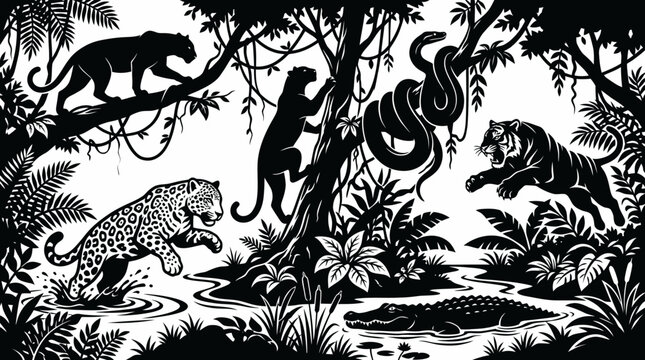 Black and White Jungle Wildlife Illustration: Leopard, Tiger, Snake, Crocodile Predators