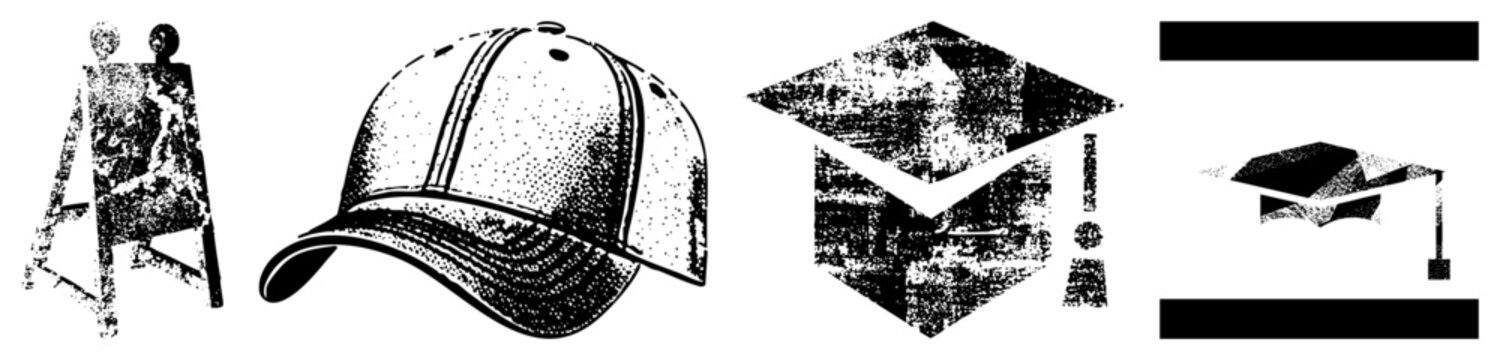 Vintage style baseball hat and mortarboard cap, retro halftone illustration, distressed print design, sportswear headgear, academic symbol, dot matrix graphic.