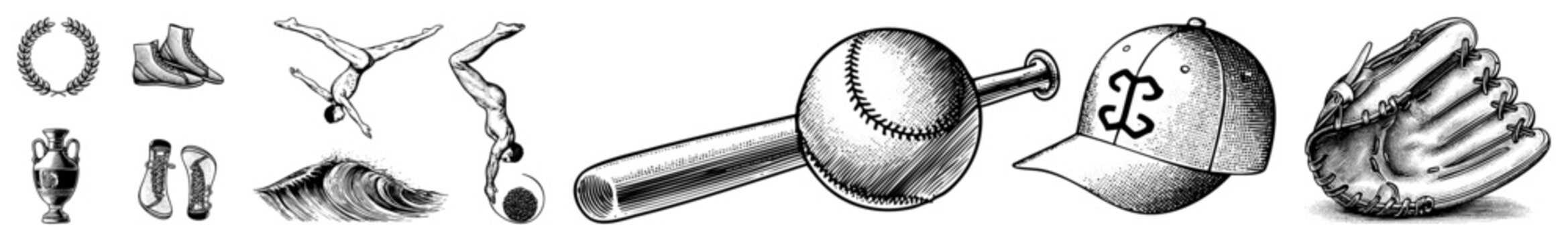 Retro athletic emblems including baseball bat, glove, cap, diving athlete, laurel wreath, trophy, surf wave classic sports graphics, vintage athletics, engraving style.