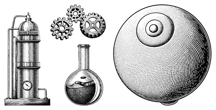 Retro laboratory equipment ensemble including distillation column, beaker with liquid, interlocking cogs, and stippled orb also known as antique lab gear or chemistry tools.