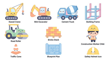 Naklejka premium Kawaii Construction Flat Icon Set - Vehicles, Tools, Materials Worker Chibi