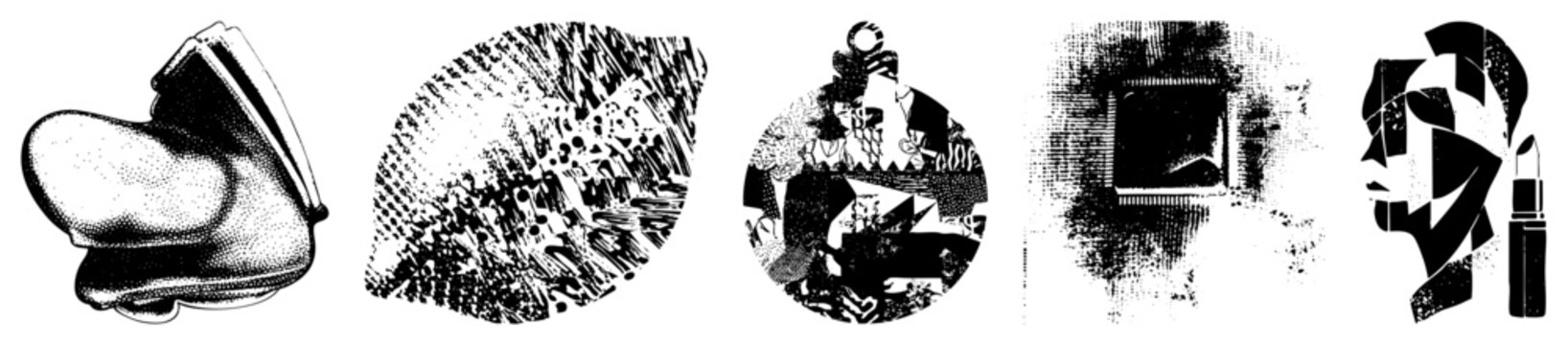 Stylized halftone illustration set with deconstructed faces, shapes, and dot matrix effects also called screen tone graphics or Ben Day dot compositions.