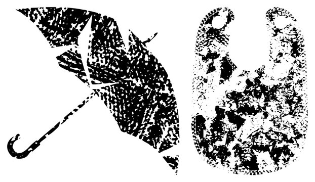 Distressed halftone style umbrella and rain boot silhouettes, weather set, gear graphic, vector cutouts for design use.