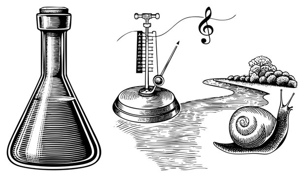 Retro etched drawing featuring laboratory flask, tempo regulator, gastropod, treble clef inked engraving, woodcut style graphic, art.
