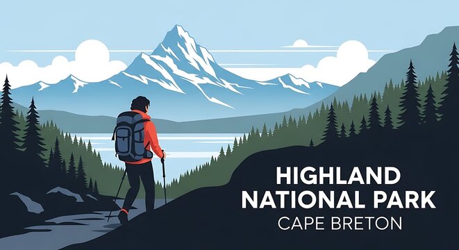 Hiker overlooking Cape Breton Highlands National Park vector poster