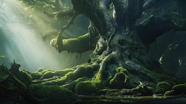 Ancient moss-covered tree spanning a dim subterranean forest bathed in eerie green light