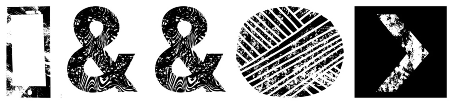 Rugged halftone vector symbols, weathered graphic elements, distressed typography shapes, abstract set, gritty design assets.