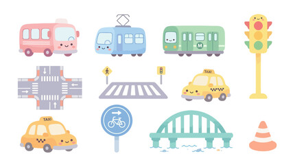 Naklejka premium Cute Cartoon Transportation Icons: Bus, Train, Taxi, Traffic Lights, Bridge