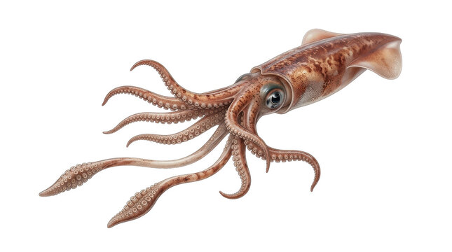 Brown squid swimming isolated on white background with tentacles outstretched