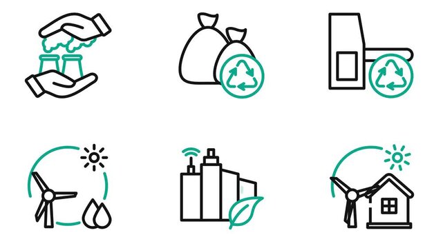 Green Technology 2D Outline Icon Animation Cartoon 4K Video. Motion Graphic. Contain pollution control, recycling, renewable energy, smart city. Editable On Transparent Background Alpha Channel.