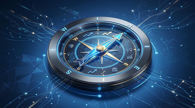 A high-tech compass with a blue and metallic design, indicating direction and orientation
