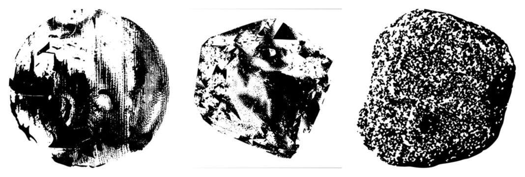Geologic mineral specimens rendered as stylized cutouts, stone fragments, geological samples, lithic graphics, halftone rock illustrations.
