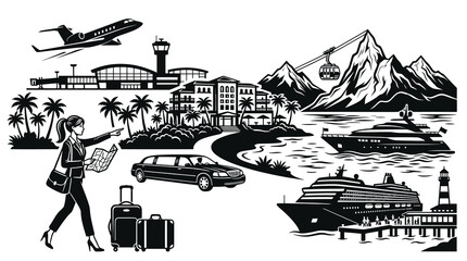 Obraz premium Black White Vector Art of Travel and Tourism Scene with Plane and Cruise Ship