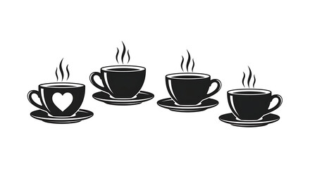 Fototapeta premium Four black coffee cups with saucers and steam rising isolated on white background