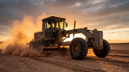 Obraz premium Heavy Duty Grader with Angled Blade Across Dusty Desert Expanse in Warm Sunset Glow