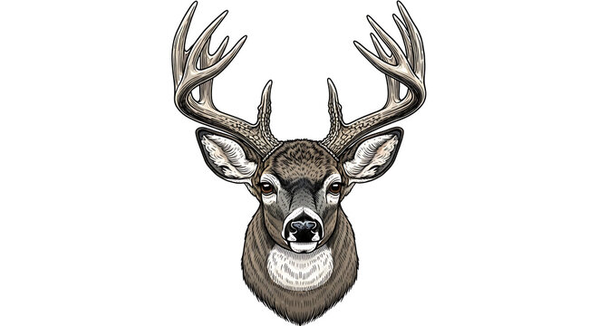 A detailed illustration of a buck deer head with large antlers isolated on white background