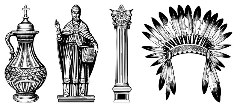 Ornate ecclesiastical artifacts including sacred vessel, clerical figure, classical pillar, and indigenous ceremonial headgear also known as liturgical relics or devotional illustrations.