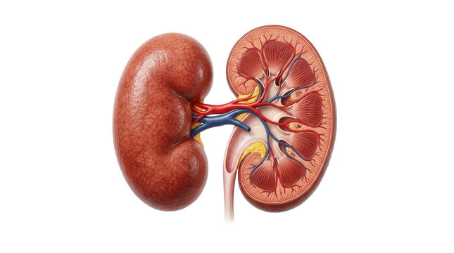 Anatomical illustration of human kidneys with detailed internal structures