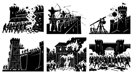 Obraz premium Medieval Warfare Castle Siege Icons. Historical Military Attack Silhouette Vector Set