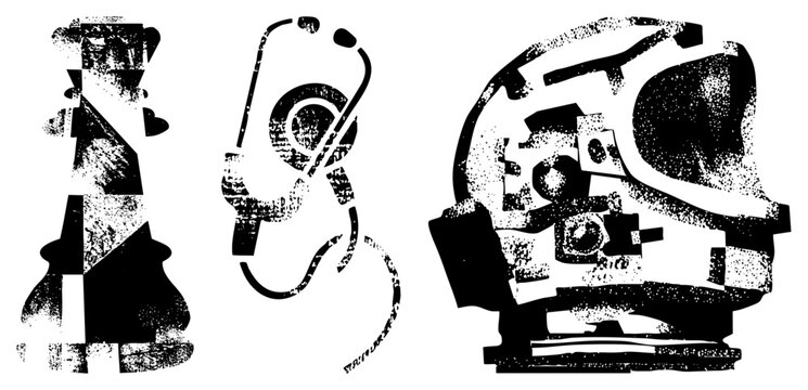 Rugged vector symbols featuring chess pawn, stethoscope, and camera gear gritty halftone design for edgy branding or use.