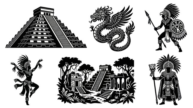 Mesoamerican Ancient Civilization Black  White Line Art Illustrations Set