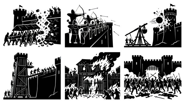 Medieval Warfare Castle Siege Icons. Historical Military Attack Silhouette Vector Set