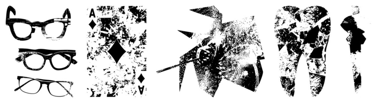 Distressed halftone graphics including spectacles, ace of diamonds card, fragmented abstract forms, and human silhouette ideal for urban streetwear or punk rock designs.