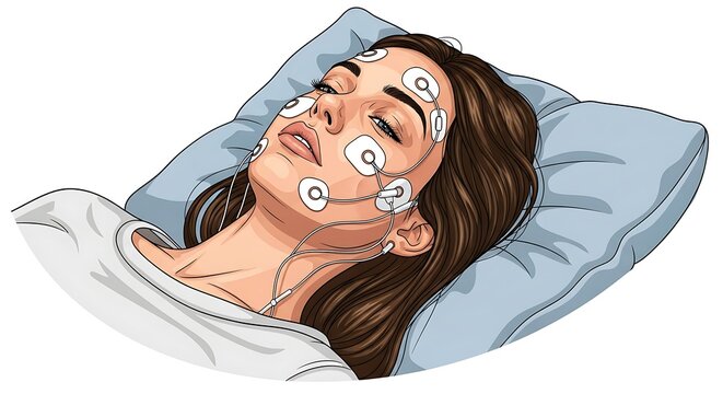 Woman lying on pillow with facial electrodes for sleep study