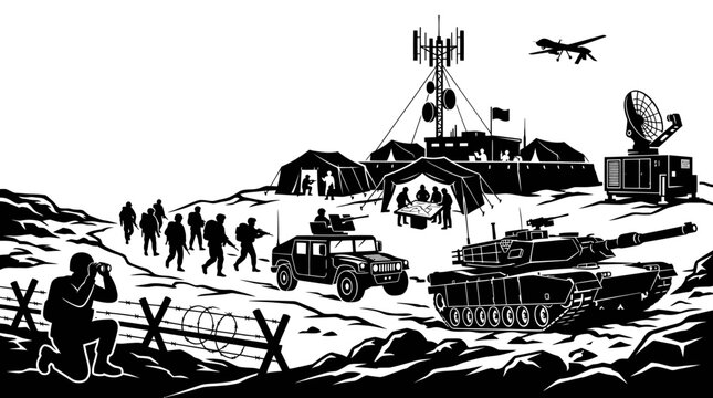Military Operations Vector Art: Soldiers, Tank, Drone, and Base Camp in Black  White