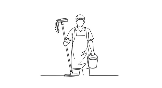 Man wearing apron holding bucket mop.
