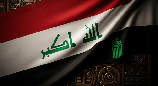 National Flag of Iraq with Takbir Calligraphy Waving on Texture