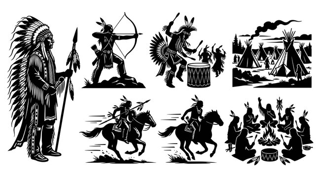 Native American Warrior Icons Set, Indigenous People Graphics, Black and White