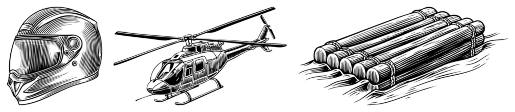Hand drawn engraved vector trio motorcycle helmet (crash helmet), utility helicopter (chopper), bamboo raft (flotation device) ideal for adventure themes or retro design projects.