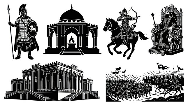 Ancient Persian Empire History Black  White Silhouette Icons Vector Art