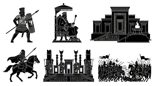 Ancient Persian Achaemenid Empire Historical Figures and Architecture Black  White Silhouette Vector Set
