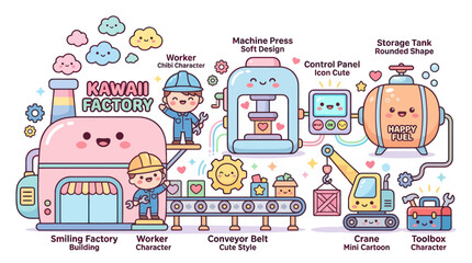 Fototapeta premium Kawaii Factory with Cute Characters and Industrial Machinery