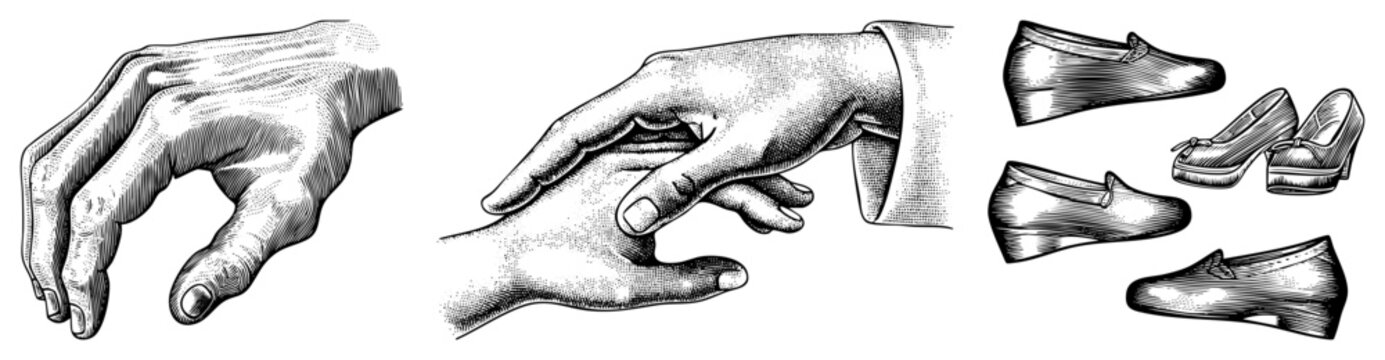 Classical engraved hand gestures and footwear, etched anatomical hands, vintage shoe silhouettes, vector cutouts, halftone art for print design.
