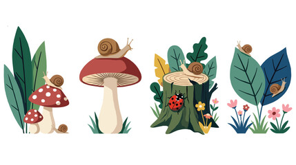 Colorful set of forest elements featuring snails mushrooms and ladybugs in nature. © SABIKUNNAHAR