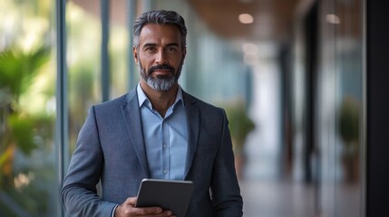 Fototapeta premium Confident mature businessman with beard holding digital tablet in modern office hallway