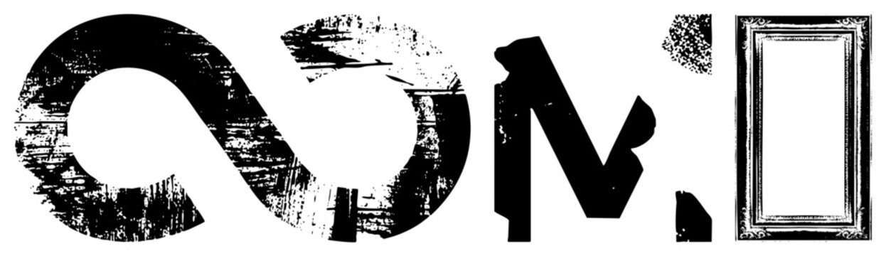 Abstract infinite loop with weathered grain, broken letterform glyph, vintage frame cutout stylized emblem for design, branding, or digital art.