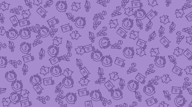 Purple background with scattered money illustrations. Perfect for finance or businessrelated presentations, websites, or social media posts needing a money theme.