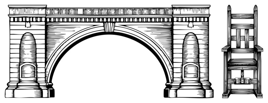 Architectural bridge sketch with Gothic, rustic wooden chair drawing, engraved ink style, vintage woodcut aesthetic, classical design elements.