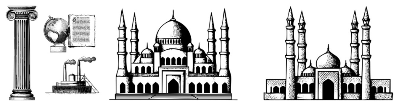Muslim place of worship featuring onion domes, slender minarets, entryways also called masjid or jami mosque, used for congregational prayer.