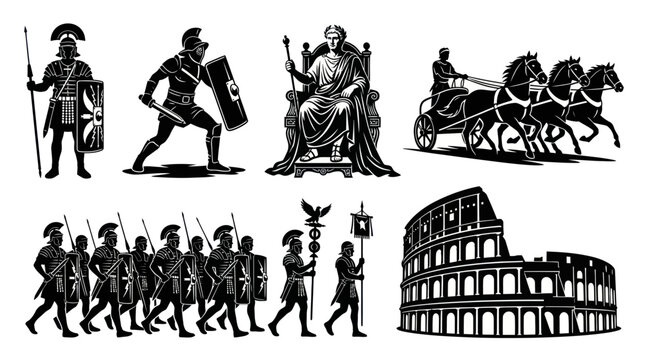 Ancient Roman Soldiers, Emperor, Chariot, Colosseum - Black  White Line Art