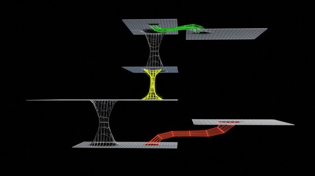 Wormhole network connecting lower, higher dimensions.  Wireframe planes linked with tunnels. 
Bridges between universes, planes of existence.  
Portals link multidimensional branes. 3d animation.