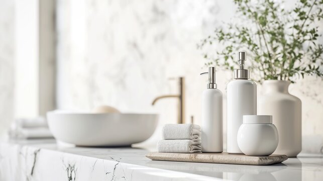 Bright Minimalist Bathroom Vanity Setup Featuring White Ceramic Accessories and Greenery
