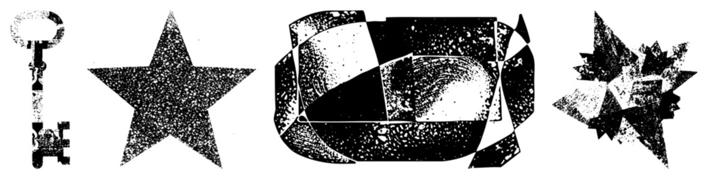 Distressed graphic symbols including skeleton key, five point star, abstract polygonal form, and shattered motif vintage stencil style, retro screenprint aesthetic.