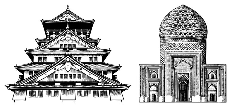 Vector art of Japanese fortress Central Asian tomb, highlighting East Asian citadel & Islamic funerary design with precise,.